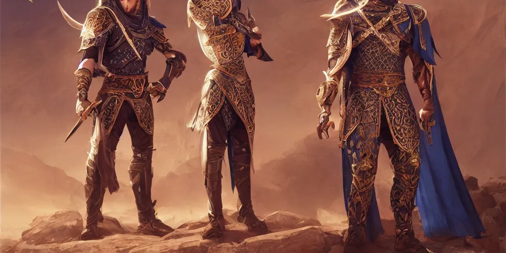 Image similar to arabian witcher, new costume concept design with metal sholders and ornaments on the armor, oriental armor style, arabic, fashion, colors with gold and dark blue, concept art, by artgerm, greg rutkowski, cinematic light, featured on artstation, octane render, sharp focus, ray tracing, artstationhq, cgsociety, 8 k.