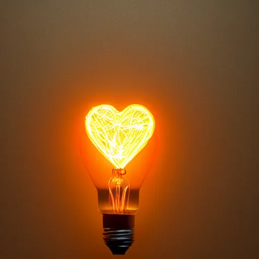 Prompt: an edison bulb glowing with a heart-shaped filament on a black background, minimalist, ephemeral, detailed, elegant, stock photo, Sony a7R, trending on artstation, desktop background