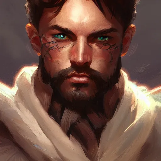 Prompt: male adventurer, painted fantasy character portrait, headshot, fantasy, highly detailed, digital painting, artstation, concept art, sharp focus, illustration, art by artgerm and greg rutkowski and alphonse mucha