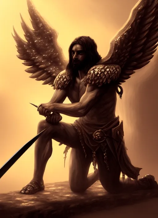 Image similar to fantasy art, fallen man angel kneeling on the knees with a sword and shield, close-up, bokeh. dark art masterpiece artstation. 8k, sharp high quality illustration in style of Jose Daniel Cabrera Pena and Leonid Kozienko, Tooth Wu, studio lighting. angel with big wings