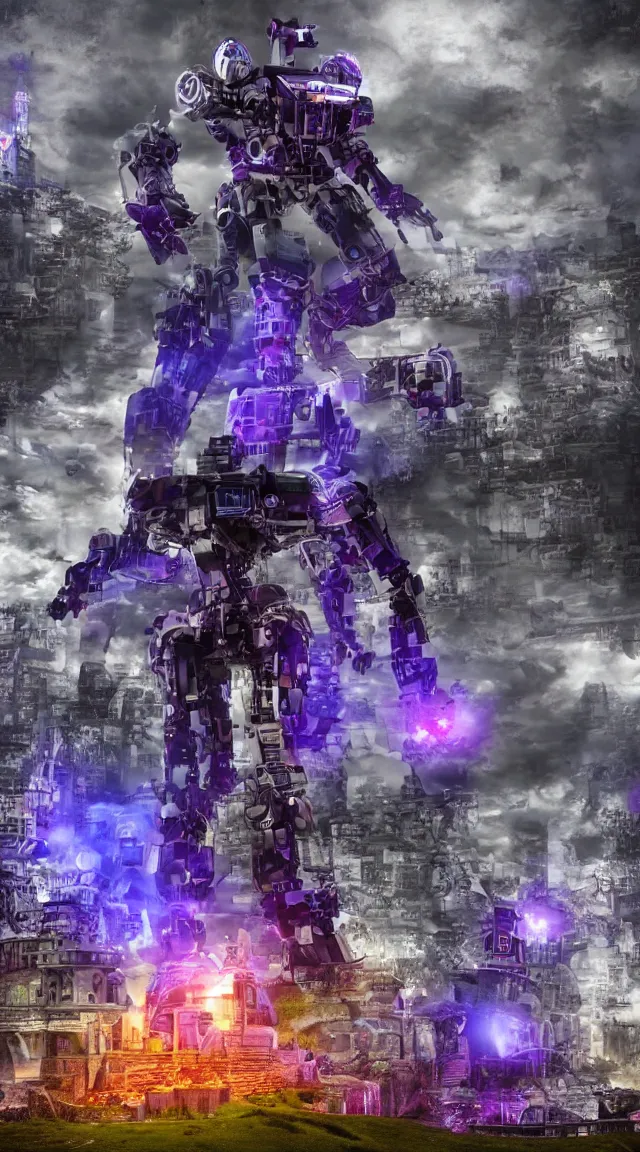 Image similar to giant robot with purple lights destroying a mini fantasy castle, professional photo, hdr, bokeh, sci fi, tiny castle, fantasy, small world, miniature