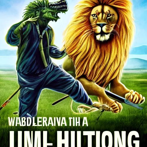 Image similar to a lion hunting an alien, book cover