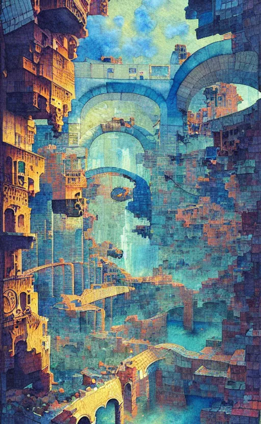 Image similar to dixit card!!!!, tiled room squared waterway, aqueducts, fantasy. intricate, amazing composition, colorful watercolor, by ruan jia, by maxfield parrish, by marc simonetti, by hikari shimoda, by robert hubert, by zhang kechun, illustration, gloomy