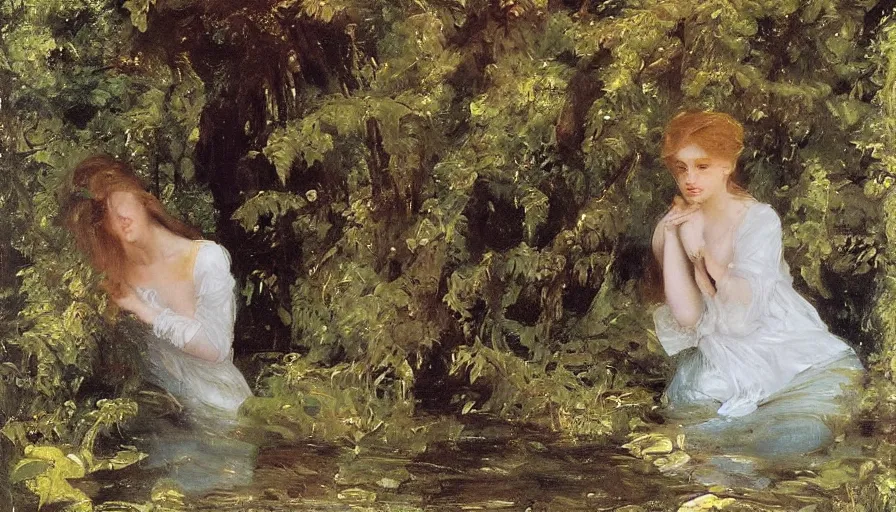 Image similar to artwork painting of ophelia by eugene von guerard, ivan shishkin, john singer sargent