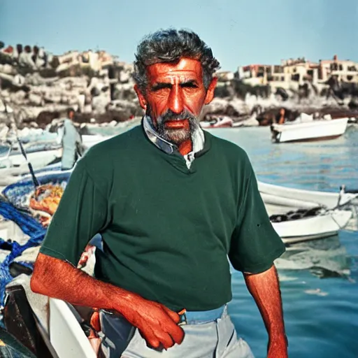 Prompt: color film of a professional portrait photo of a mediterranean fisherman - i - s 4 1 6 3 8 6 5 1 6 2