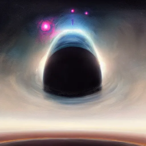 Prompt: a painting of a black hole in the sky, concept art by sam spratt, cgsociety, space art, cosmic horror, tesseract, redshift