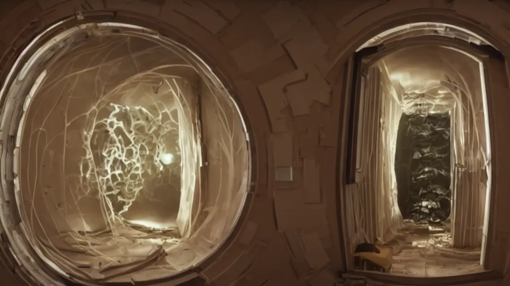 Image similar to an mri image open mri exposed uncovered machine portal in the living room, film still from the movie directed by denis villeneuve with art direction by salvador dali, wide lens