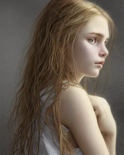 Image similar to portrait of 1 6 - year - old woman with dirty blonde hair down to her waist, pale eyebrows and protuberant silver eyes, wearing white shirt, hyper realistic face, beautiful eyes, fantasy art, in the style of greg rutkowski, intricate, alphonse mucha, hyper detailed, smooth