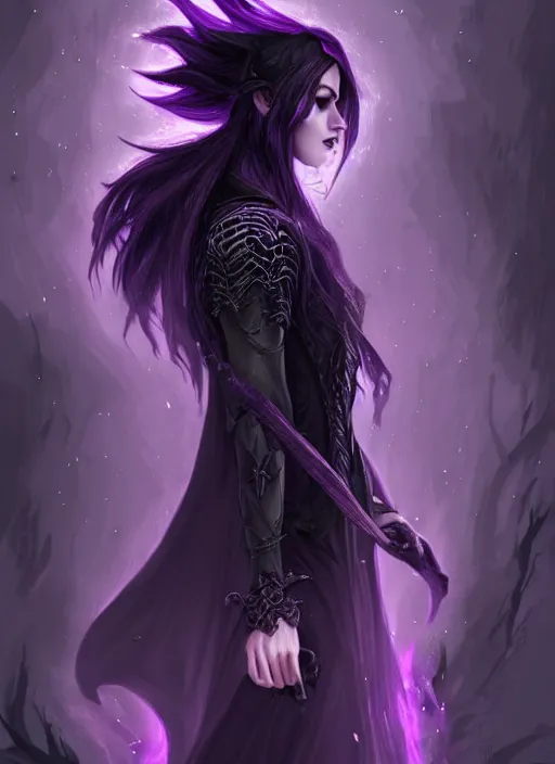 Image similar to side portrait dark witch, adventurer outfit large cloak, fantasy forest landscape, dragon scales, fantasy magic, undercut hairstyle, short purple black fade hair!!!!!!, dark light night, intricate, elegant, sharp focus, illustration, highly detailed!!!!!!!, digital painting, concept art, green neon smoke, matte painting, art by WLOP and Artgerm and Greg Rutkowski and Alphonse Mucha, masterpiece