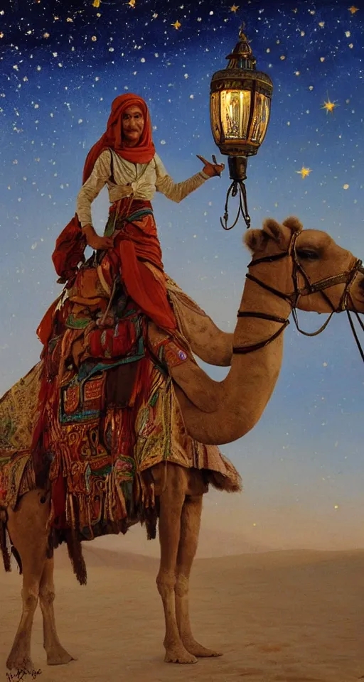 Image similar to an arabian merchant rides her camel in the desert at night, soft glow from a lantern, moon and stars in night sky, stunning, detailed oil paint