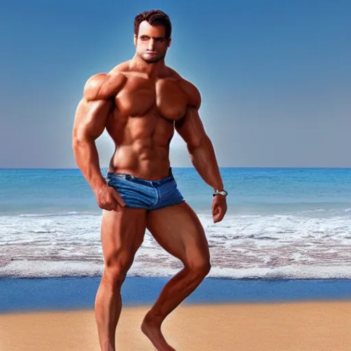 Prompt: a handsome muscular man at the beach realistic