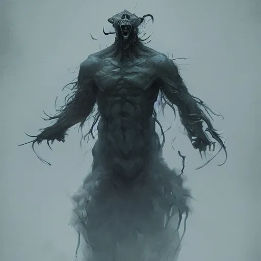 Prompt: A portrait of a creature invoking fear, art by greg rutkowski, matte painting, trending on artstation, very detailed