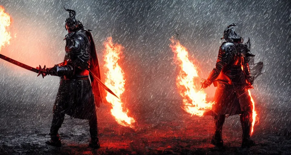 Image similar to The dark paladin with a heated sword in his hand and a burning flame with a sword in the rain. cinematic shot from back, realistic, 4K,