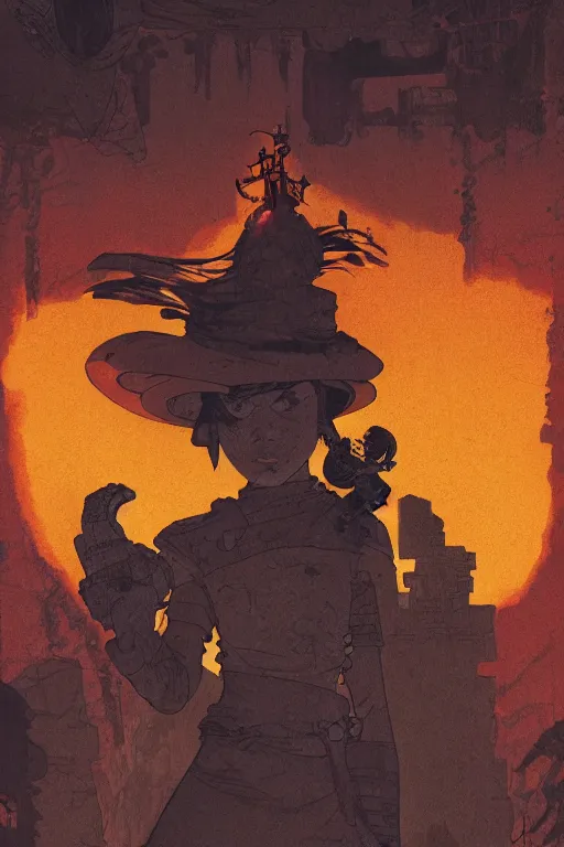 Image similar to interzone orange grey secret society, samurai girl at the crumbling temple by ashley wood and mike mignola and mike ploog and katuya terada and moebius, artstation, 4 k detailed post processing, footage