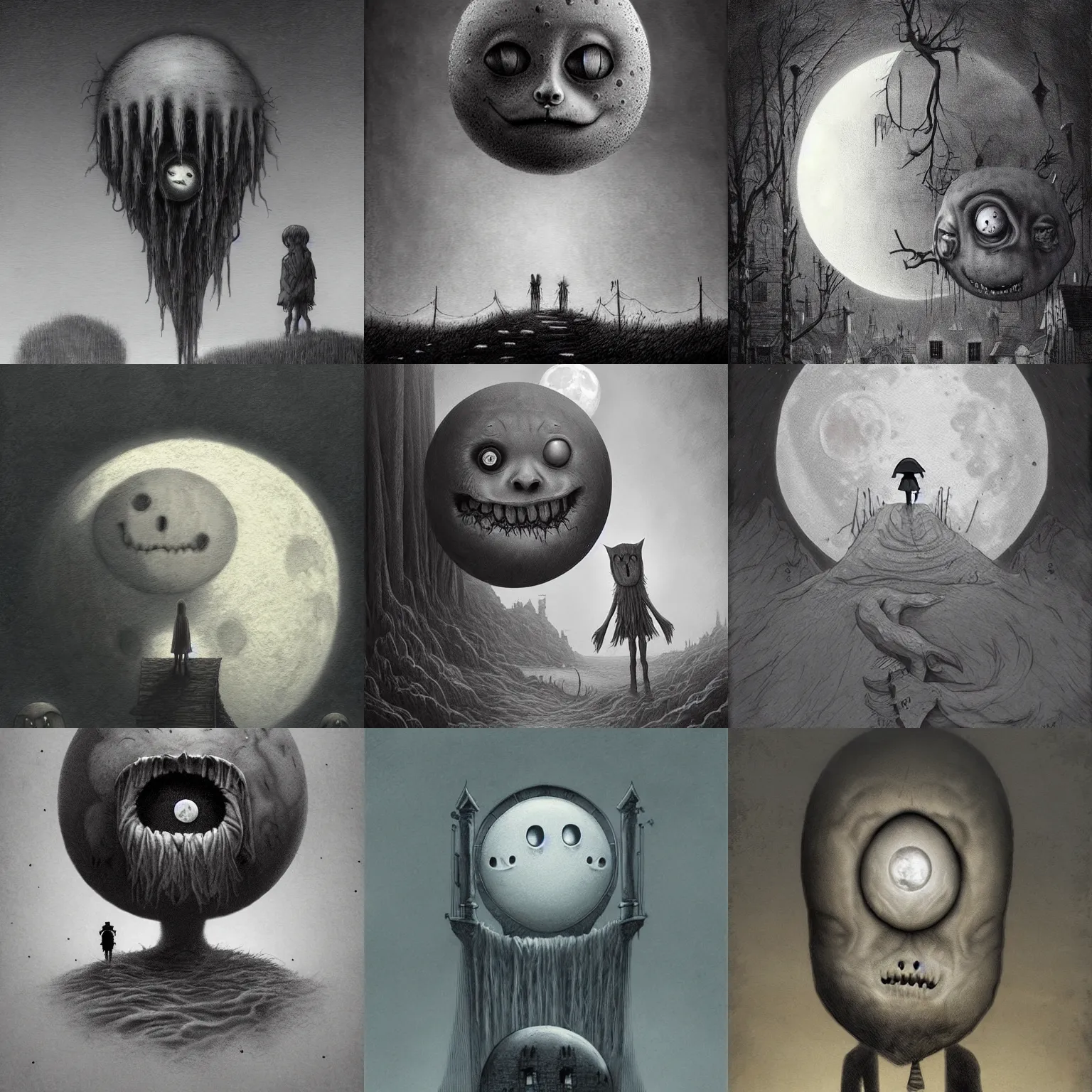 Prompt: the Moon with a creepy face in the style of John Kenn Mortensen, realistic painting, high definition, digital art, matte painting, very detailed, realistic