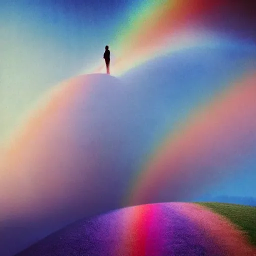 Prompt: a man standing on top of a hill under a rainbow, a matte painting by Gabriel Dawe, trending on pexels, psychedelic art, iridescent, sense of awe, psychedelic