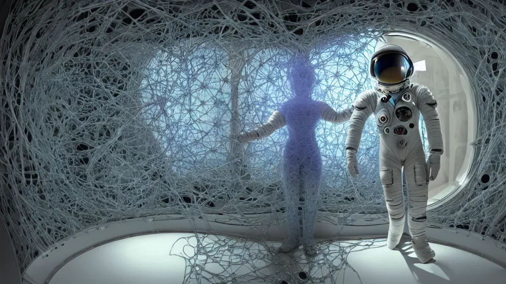 Image similar to a cybernetic symbiosis of a single astronaut eva suit made of wearing knitted yarn thread infected with diamond 3d fractal lace iridescent bubble 3d skin covered with insectoid compound eye camera lenses floats through the living room, film still from the movie directed by Denis Villeneuve with art direction by Salvador Dalí, wide lens,