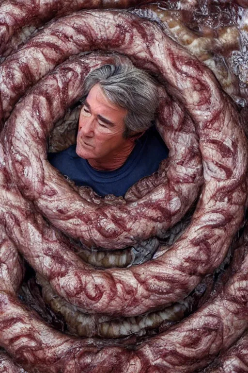 Image similar to randy mantooth crawling inside a giant intestine, 4 k, high definition,