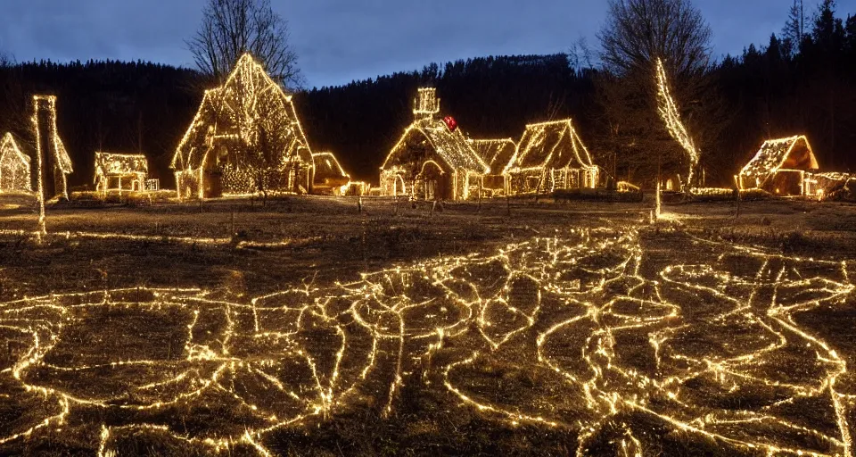 Image similar to an abandoned village in the black forest at midnight illuminated by christmas lights