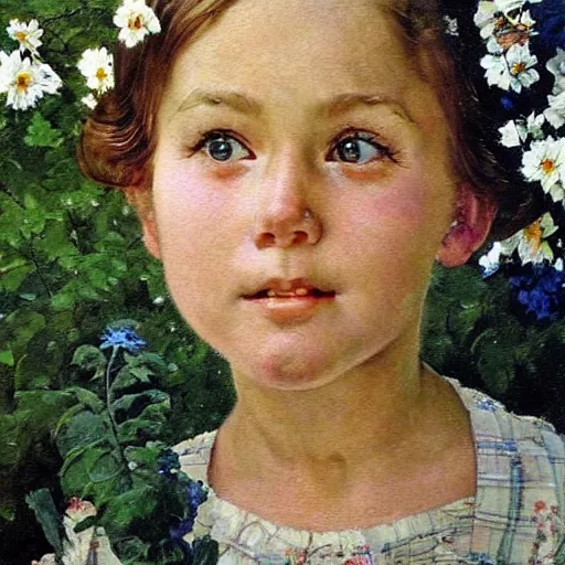 Image similar to a little girl with wavy light brown hair and blue eyes in a beautiful garden. beautiful painting by norman rockwell and raymond swanland, beautiful detailed face.