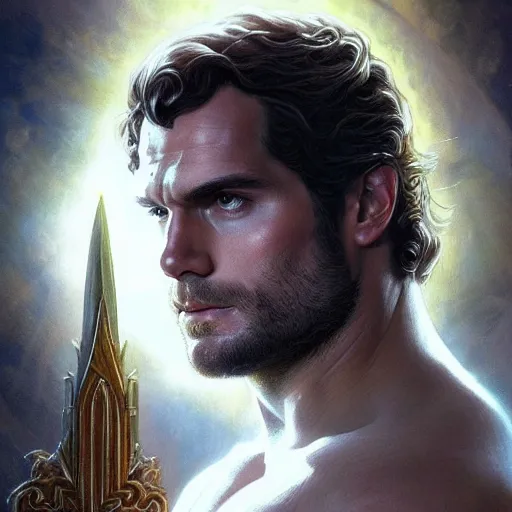 Image similar to portrait of henry cavill as a heavenly god, full body, muscular, fantasy, intricate, elegant, highly detailed, digital painting, artstation, concept art, matte, sharp focus, illustration, art by artgerm and greg rutkowski and alphonse mucha