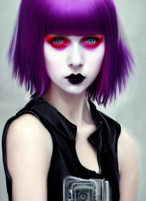 Image similar to portrait of white teenage girl, normal face, white bangs, mall goth, cyberlox, black and white hair, bangs, fluffy bangs, red contact lenses, purple lipstick, intricate, elegant, highly detailed, digital painting, artstation, concept art, sharp focus, smooth, illustration, art by wlop, mars ravelo and greg rutkowski