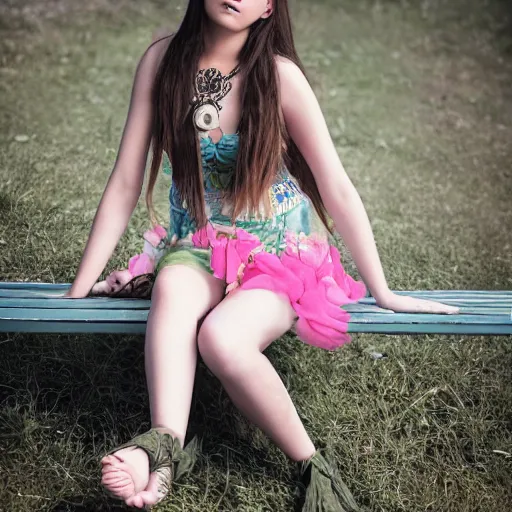 Prompt: dslr photo of a pretty teen girl, sitting on a bench wearing a flower skirt, and body and wearing hemp sandals and a faerie necklace around neck, artgerm, artstation, very high quality face, extremely high quality, moody lighting, real camera, real photo, photography by deviantart, 8 k, full subject in shot