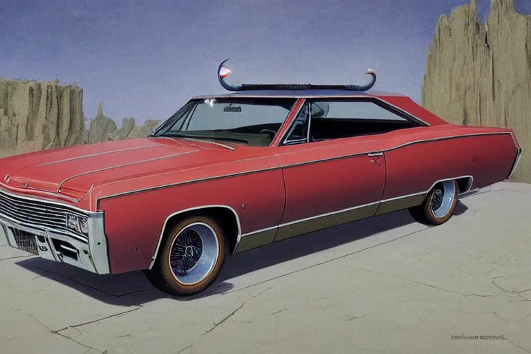 Prompt: intricate, 3 d, 1 9 6 7 impala, style by caspar david friedrich and wayne barlowe and ted nasmith.