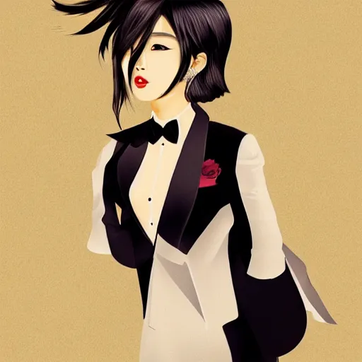 Image similar to portrait of a beautiful korean girl wearing a men's tuxedo, with long hair and bangs, angular features, angry expression, digital art, elegant pose, detailed illustration