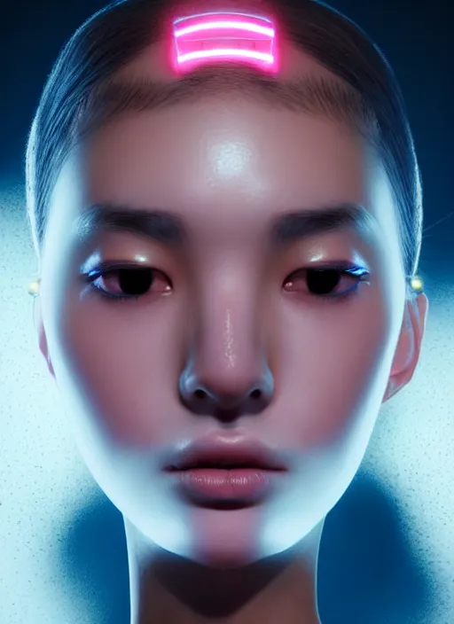 Prompt: photorealistic portrait of oriental female humanoid with freckle cheeks, nose stud, cyber neon lightings, highly detailed, cyberpunk high fashion, elegant, crispy quality, trending in artstation, trending in pinterest, glamor pose, no signature, no watermark, cinematic, octane render, art by artgerm, art by greg rutkowski, art by pascal blanche