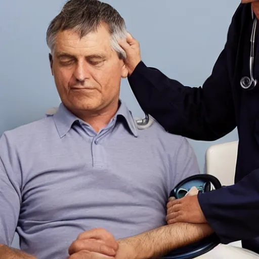 Image similar to a man sitting on a chair having his blood pressure measured by a doctor, color photo