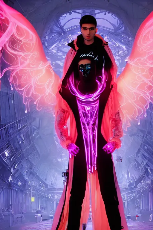 Image similar to full-body baroque and cyberpunk style neon statue of a attractive pale Zayn Malik as a humanoid deity wearing a thin see-through plastic hooded cloak sim roupa, posing like a superhero, glowing peach face, crown of pink lasers, large diamonds, swirling black silk fabric. futuristic elements. oozing glowing liquid, full-length view. space robots. human skulls. throne made of bones, intricate artwork by caravaggio. Trending on artstation, octane render, cinematic lighting from the right, hyper realism, octane render, 8k, depth of field, 3D