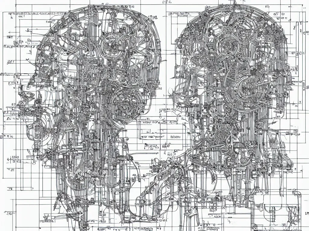 Prompt: engineering schematics of a mechanical grandmother head, blueprint, complex, precise, intricate, detailed, engineering plans, technical book page