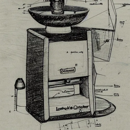 Prompt: various sketches of a futuristic coffee grinder in the style of leonardo da vinci, ultra detailed, scribbles, technical drawing, engineering blueprints