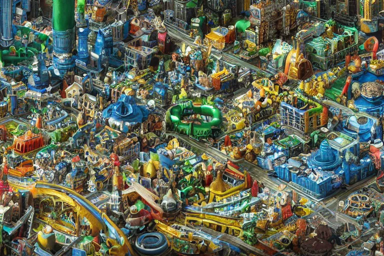 Prompt: an elaborate penned illustration of a colorful intricate connected city of tubes and pipes, by jan van haasteren and jheronimus bosch, unreal engine, physically based rendering, ariel view, tilt - shift