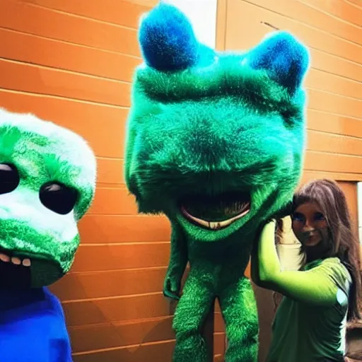 Image similar to “ green alien with yellow shirt and blue pants standing next to a blue furry monster and making silly faces ”