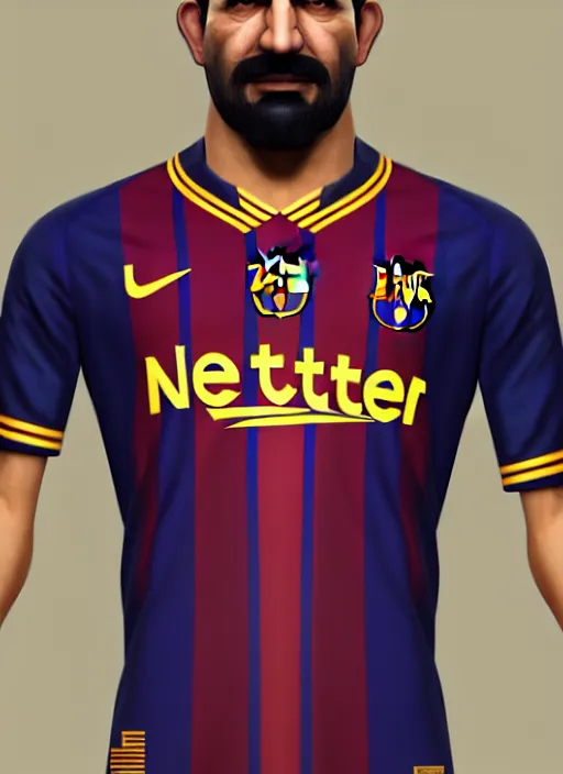 Image similar to portrait of sadam hussain, head and torso, fc barcelona jersey number 1 0, dark blue, maroon red, unreal engine 5, trending on artstation, master piece, octane render, art by artgerm and greg rutkowski and alphonse mucha