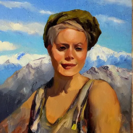 Prompt: a woman with short blonde hair poses on a mountain, oil painting,