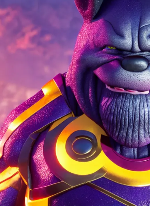 Image similar to Mickey Mouse cast as Thanos, still from Marvel movie, hyperrealistic, 8k, Octane Render,