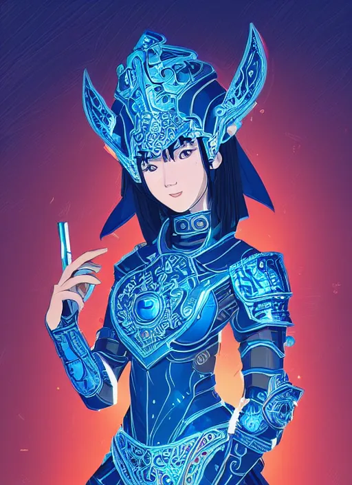 Image similar to a young woman in ornate, intricate glowing blue full plate armor. the armor glows, bursting with blue light. clean cel shaded vector art. shutterstock. behance hd by lois van baarle, artgerm, helen huang, by makoto shinkai and ilya kuvshinov, rossdraws, illustration, art by ilya kuvshinov