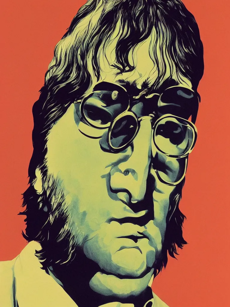 Image similar to a closeup portrait of john lennon, taking mind altering drugs, a blotter paper of lsd acid and dreaming psychedelic hallucinations in a vast landscape, by kawase hasui, moebius, edward hopper, colorful flat surreal design, dramatic lighting, hd, 8 k, artstation