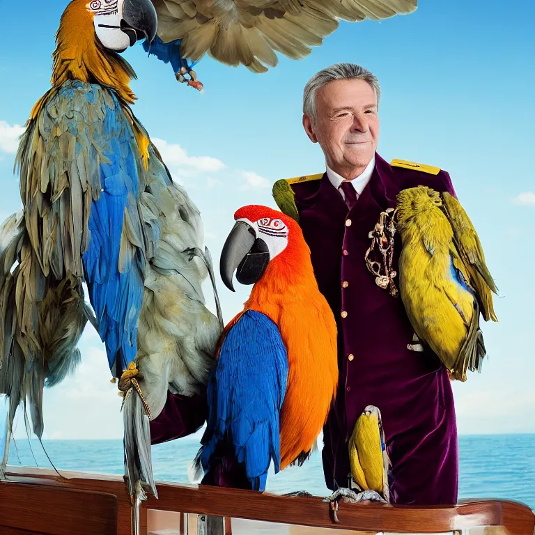 Image similar to high fashion photoshoot octane render portrait by wayne barlow and carlo crivelli and glenn fabry, a distinguished sea captain wearing a colorful eccentric velvet pastel vintage uniform and holding a macaw while standing on a beautiful high - end white and wood yacht, very short depth of field, bokeh