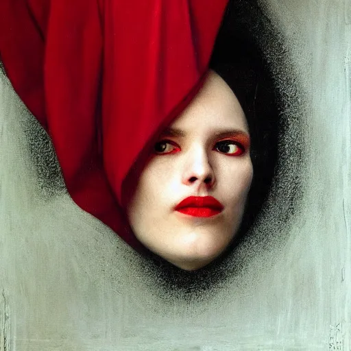 Image similar to black hole face dressed in red robe takes a selfie | highly detailed oil painting, hyperrealistic, very intrincate | cinematic lighting, award - winning | by roberto ferri, gustav klimt, william waterhouse and tom bagshaw | by austin osman spare and william blake, trending on artstation, cgsociety, official art, octane.