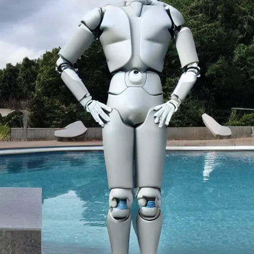 Image similar to a realistic detailed photo of a guy who is an attractive humanoid who is half robot and half humanoid, humanoid robot, by the pool, posing like a statue, who is a male android, blank stare, on display, made of ice, shiny skin, frozen ice statue, showing off his muscles, f 1 driver charles leclerc