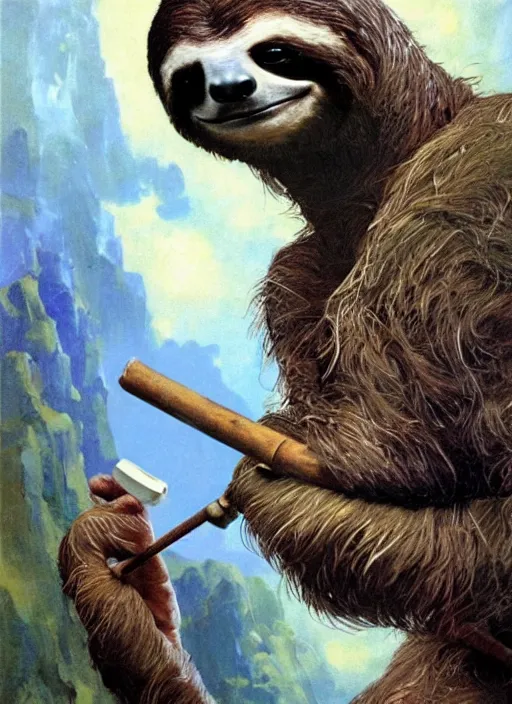 Prompt: ultra realistic portrait painting of a stoner as a sloth smoking a lit joint, art by frank frazetta, 4 k, ultra realistic, highly detailed, epic lighting