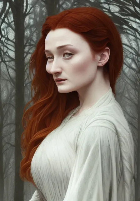 Prompt: portrait of sansa stark in gray dress, foggy forest, autumn, intricate, elegant, highly detailed, digital painting, artstation, concept art, smooth, sharp focus, illustration, art by artgerm and greg rutkowski and alphonse mucha and william - adolphe bouguereau