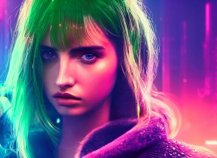 Image similar to breathtakingly beautiful Ana de Armas in blade runner 2049, long flowing hair, laser cannon, 8k, trending on artstation, unreal engine, purple neon, green rain