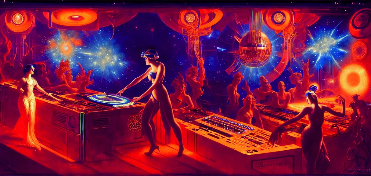 Prompt: future empress of the galaxy at a dj booth, hard lighting, full body, futuristic, neon, luxurious, industrial party, dark blue and orange colors, crowded, smoke, lasers painting by gaston bussiere, craig mullins, j. c. leyendecker, lights, art by ernst haeckel, john william godward, hammershøi