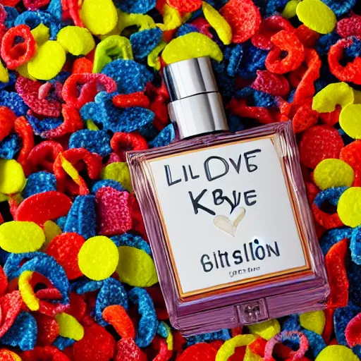 Image similar to a bottle of By Kilian 'Love Don't Be Shy' perfume, the bottle of perfume is laying on cereal, the cereal is Kelloggs Fruity Pebbles, high resolution photo,