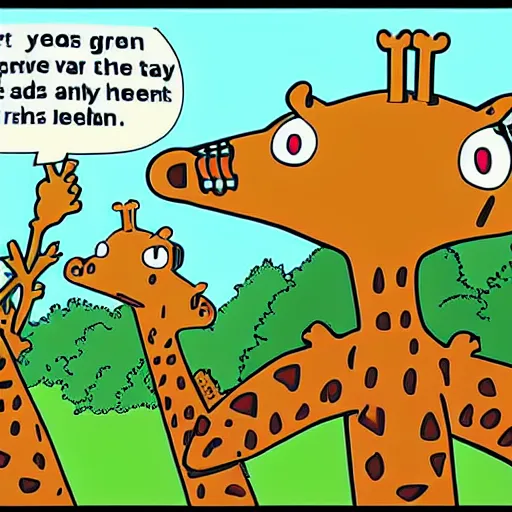 Prompt: in the year one million and a half, humankind is enslaved by giraffe. man must pay for all his misdeeds when the treetops are stripped of their leaves, matt groening art, still from futurama animated series